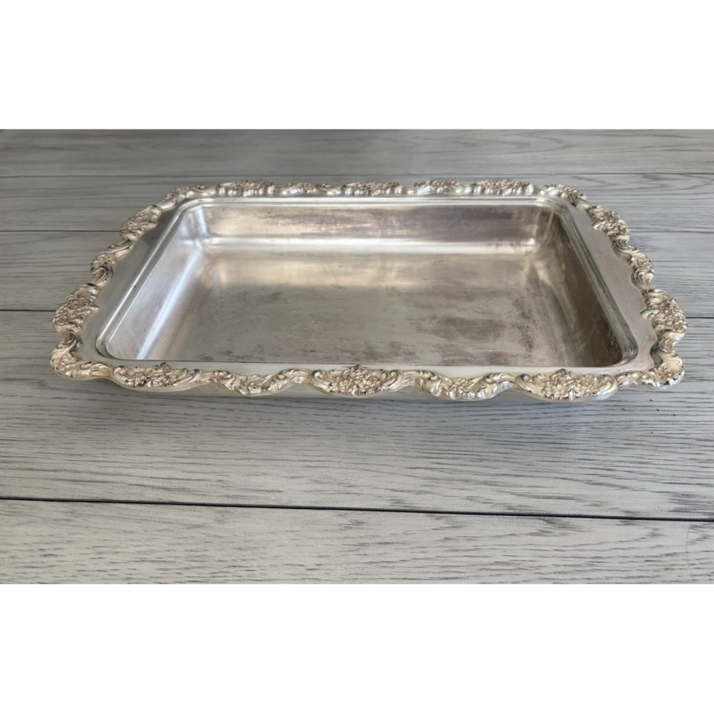 Vintage , large rectangular silverplate tray , floral etching